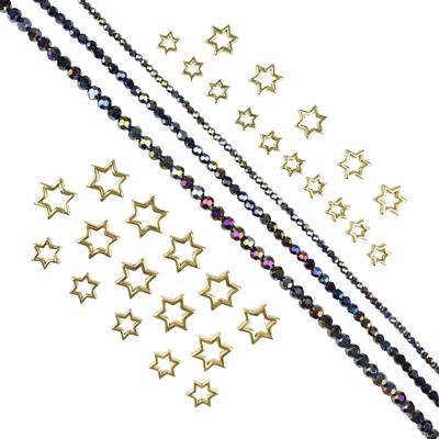 Stars in Your Eyes! 30x Gold Plated Star Shaped Halo Beads & 3m AB Coated Black Glass Rounds