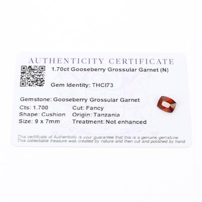 1.7cts Gooseberry Grossular Garnet 9x7mm Cushion  (N)