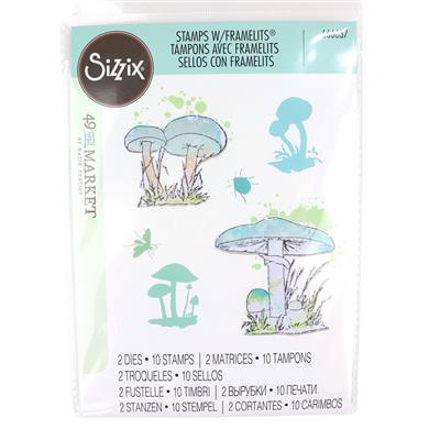 Sizzix A5 Clear Stamps Set 10PK w/2 x Framelits Dies, Painted Pencil Mushrooms by 49 and Market
