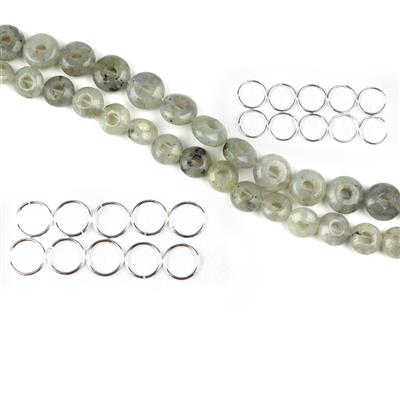 Labradorite Huaigu Approx 8mm & 10mm, 38cm Strands & Silver Plated Base Metal Jump Rings, 8mm & 10mm, (Pack of 10)