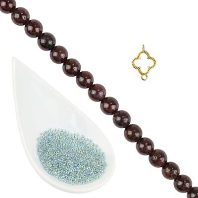 Gold 925 Sterling Silver Clover Connector, Grossular Garnet Smooth 6mm Rounds, 38cm Strand & Light Seafoam 11/0 Seed Beads (24gm)