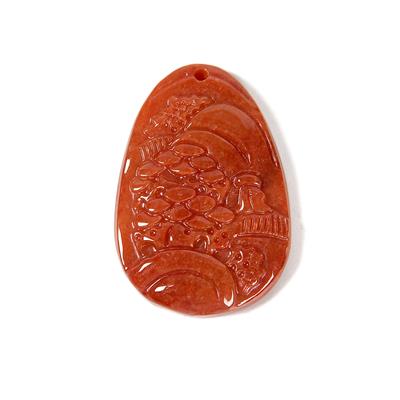 40cts Type A Burmese Heated Red Jadeite Carved Landscape Pendant Approx 40x26mm