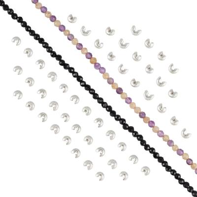 Razzle Dazzle! - Black Tourmaline , Amethyst & Citrine Faceted Round, 3mm & Silver Plated Base Metal Stardust Crimp Bead Covers (50pk) 