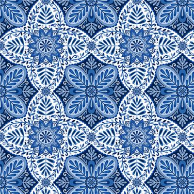 Folklorica Blues Collection Medallions White Fabric 0.5m