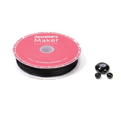 Black Jadeite Silicone Slider Bead, Approx 14mm with 2x 6mm Rounds & 0.5mm Black Nylon Cord, Approx 10m 