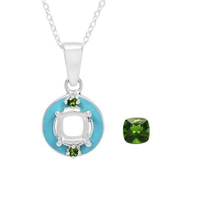 Blue Enamel Doughnut Pendant Mount (To Fit 6mm Cushion) With 1.42cts Chrome Diopside With 18 Inch Chain