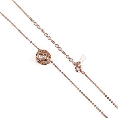 Rose Gold Plated 925 Sterling Silver Floral Caged Freshwater Pearl Necklace (18 Inch Chain & Extender)