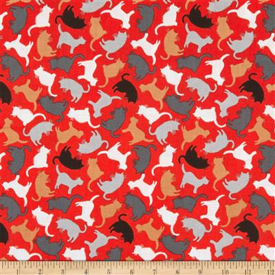 Mod Cat Kitty Silhouette Red Fabric 0.5m