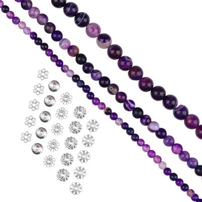 Purple Banded Agate Plain Round, 4mm, 6mm, 8mm, Set of 3 Strands & Silver Plated Base Metal Bead Cap Bundle 