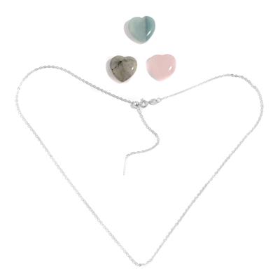925 Sterling Silver Gemstone Heart  (Labradorite, Chinese Amazonite and Rose Quartz 18mm)  with 20inch Chain with Slider Bead