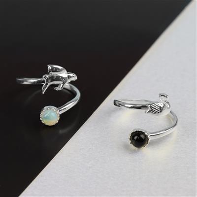 925 Sterling Silver Swan & Flying Fish Adjustable Rings With Cabochons, 2pcs