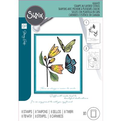 Sizzix A5 Clear Stamp Set w/Stencil Cosmopolitan Farfallina by Stacey Park - 8 Stamps & 1 Stencil