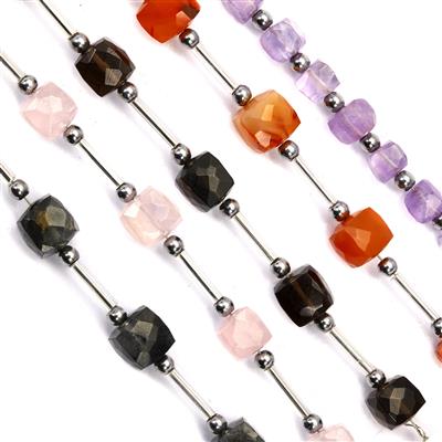 Sweet Rubix - 95cts Smokey, Rose, Moss Quartz, Carnelian & Amethyst Faceted Cubes Approx 4 to 7mm 9cm Strands with Spacers