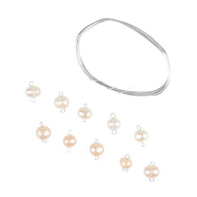 925 Sterling Silver Single Freshwater Potato Pearl Connectors (5xPink, 5xWhite) & 925 Sterling Wire 0.6mm, 1m