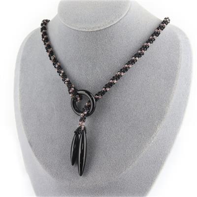 Gemstone Rope Necklaces -Black Onyx Clasp ( 25mm Hoop, 6x30mm & 6x40mm Bar ) with Miyuki 10/0 Triangle Black & Lined Pale Rose , 24GM/TB 