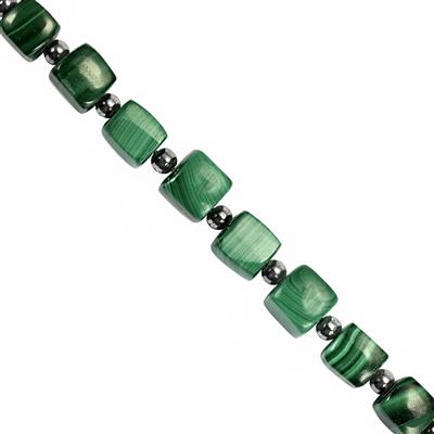 70cts Malachite Smooth Cubes Approx 6 to 8mm, 17cm Strand with Hematite Spacers 