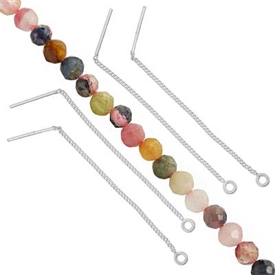 925 Sterling Silver Plated Base Metal Trace Chain Threader Earrings & Multi-Colour Tourmaline Faceted Round Approx 1 to 2mm 30cm Strand
