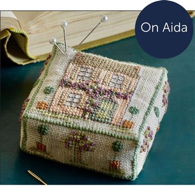Cross Stitch Guild Wisteria Cottage Boxed Pin Cushion on Aida