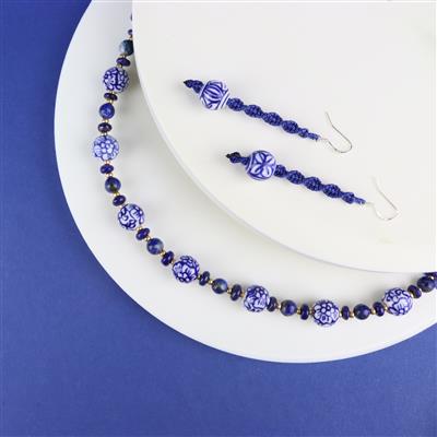 Porcelain Beads - Peony Hand Painted & Bamboo Leaf Porcelain Beads 2x 10 Pcs , Lapis Lazuli Smooth Rounds