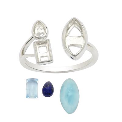 925 Sterling Silver Adjustable Ring with Larimar, Sky Blue Topaz & Lapis Lazuli