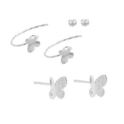 925 Sterling Silver Butterfly Earrings, 2 Designs, 2 Pairs 