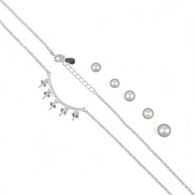 925 Sterling Silver Necklace With White Zircon & 5pcs White Freshwater Cultured Pearls (Approx 5mm, 6mm & 8mm)