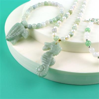 Type A Jadeite Sea Horse Approx 30mm, Type A  Jadeite Sea Turtle Approx 30mm, 6mm Jadeite Rounds, 38cm Strand