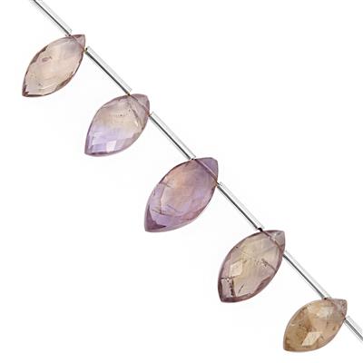 62cts Ametrine Top Side Drill Graduated Faceted Marquoise Approx 15x8 to 20x10mm, 15cm Strand with Spacers