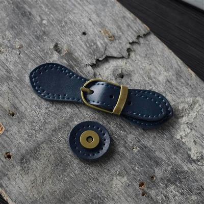 Sew on Navy Leather Magnetic Snap Buckle (11cm x 3cm)