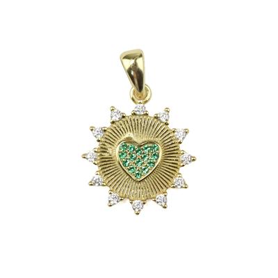 Gold Plated 925 Sterling Silver Sun Pendant With Green Cubic Zirconia Heart Approx 15x23mm
