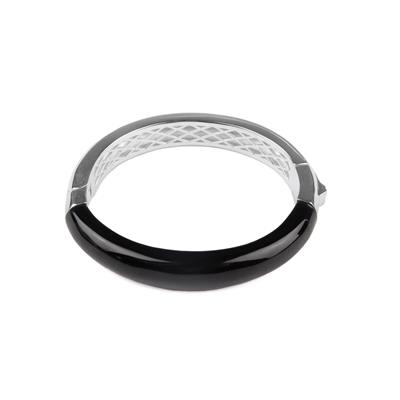 65cts Type A Black Jadeite Hinged Bangle with 925 Sterling Silver