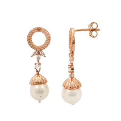 Rose Gold Plated 925 Sterling Silver Earring with White Topaz and White Freshwater Cultured Pearls, Approx 30x10mm, 1 pair