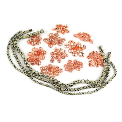 Base Metal End Caps - Rose Gold Plated Base Metal Bead Cap Bundle, 10 designs with Dalmatian Jasper Plain Rounds & Loose Bead Strands