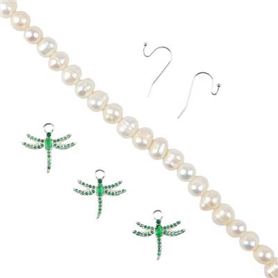 Pearl Quick Makes - Silver Plated Base Metal and Green Cubic Zirconia Dragonfly Charms, 3pcs with Silver Plated Base Metal Shepherd Hooks 