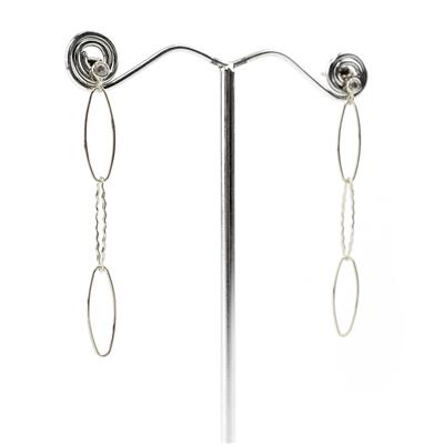 925 Sterling Silver Hammered Long Link Pair of Earrings with White Topaz Stud
