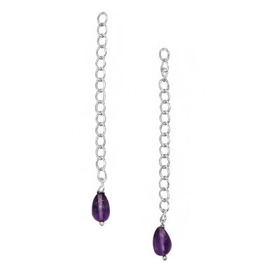 925 Sterling Silver 2inch Extender Chain with 5cts Amethyst Smooth Drop Bead, Approx 7x4mm to 8x4mm (2pcs)