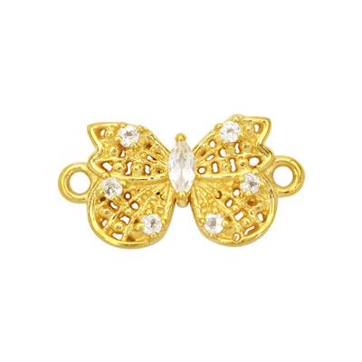 Gold Plated 925 Sterling Silver Butterfly Connector with White Topaz, Approx 9x15mm