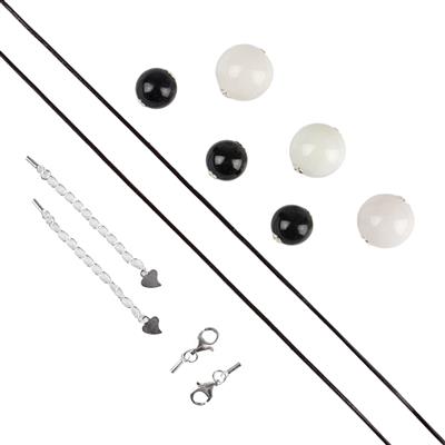 Black Jadeite Rounds & 3x White Jadeite Rounds With Sterling Silver Eyelets, Black & Gunmetal Leather Cord, 1m, Includes 925 Sterling Silver