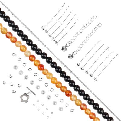 Coal on Fire - Carnelian & Black Agate 4mm Rounds, 38cm Strands & Silver Plated Base Metal Flower Bead Cap Findings Packs, 42pcs