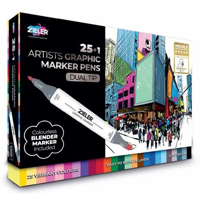 Zieler - 25+1 ArtistsmGraphic Marker Pens, Duel Tip includes Colourless Blender
