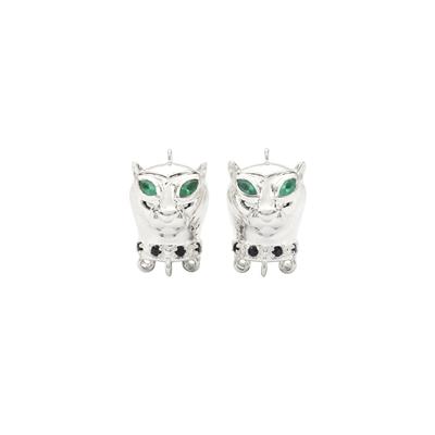 925 Sterling Silver Panther Tassel Cap with Green Onyx and Black Sapphire, Approx 20x13mm 