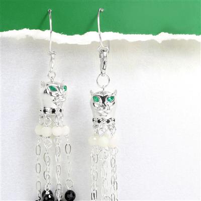 925 Sterling Silver Panther Tassel Cap with Green Onyx and Black Sapphire, Approx 20x13mm 