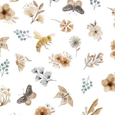 Dan Morris Creative Bear Hugs Collection Flower & Insects Toss White Fabric 0.5m