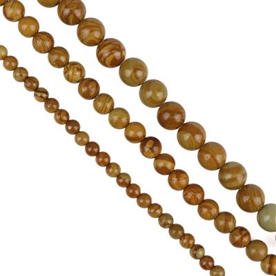 320cts Yellow Wooden Jasper Plain Rounds Approx 4mm, 6mm, 8mm, Set of 3 Strands				
