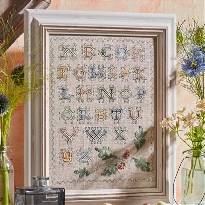 Cross Stitch Guild Antique Acorn Alphabet Tile on Linen