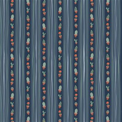 Michael Miller Greenhouse Gardens in Cactus Strip Navy Fabric 0.5m