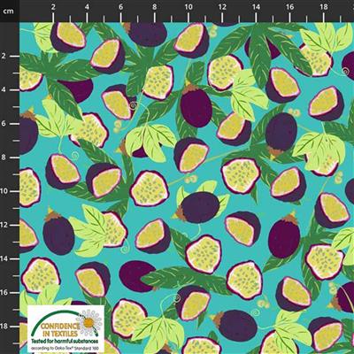 Garden Passion Leafy Fruit on Blue Fabric 0.5m