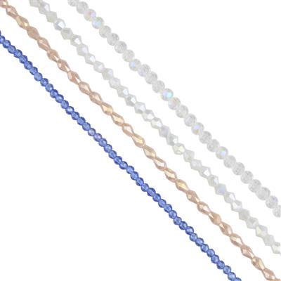 AB Coated White Glass Bicones, Crystal Glass Rounds, Pale Blue Glass Faceted Rounds & Metallic Rice Beads