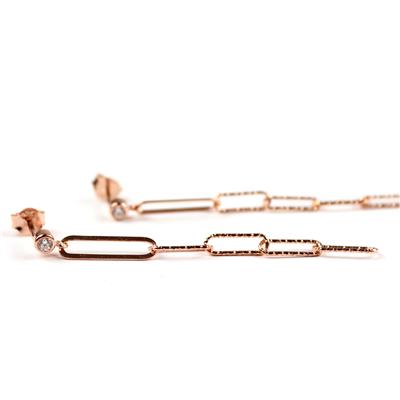 Rose Gold 925 Sterling Silver Long Link Pair of Earrings with CZ Stud 