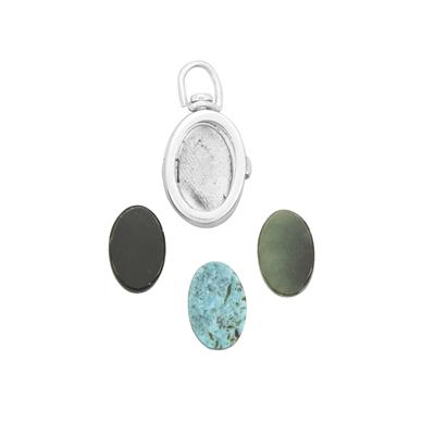 925 Sterling Silver Interchangeable Locket Pendant Approx 7.5x11.5mm 5.53cts Burmese Jade, Turquoise & Black Onyx Oval Flat